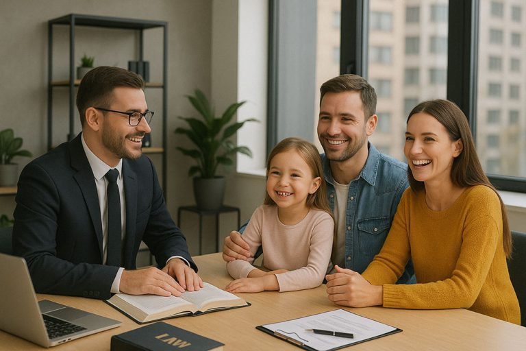 Family lawyer meeting with parents and children to resolve custody, parenting, and property matters in Sydney.